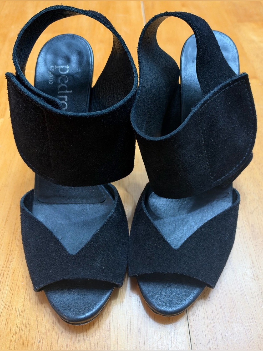 Pedro Garcia Black Suede Wide-Strap Slingback 4.5” Heels, Size 38.5/8.